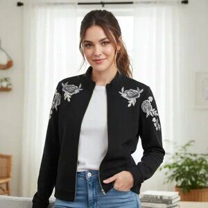 NWOT Chico's Zenergy Black & Silver Floral Embroidered Bomber Jacket 16